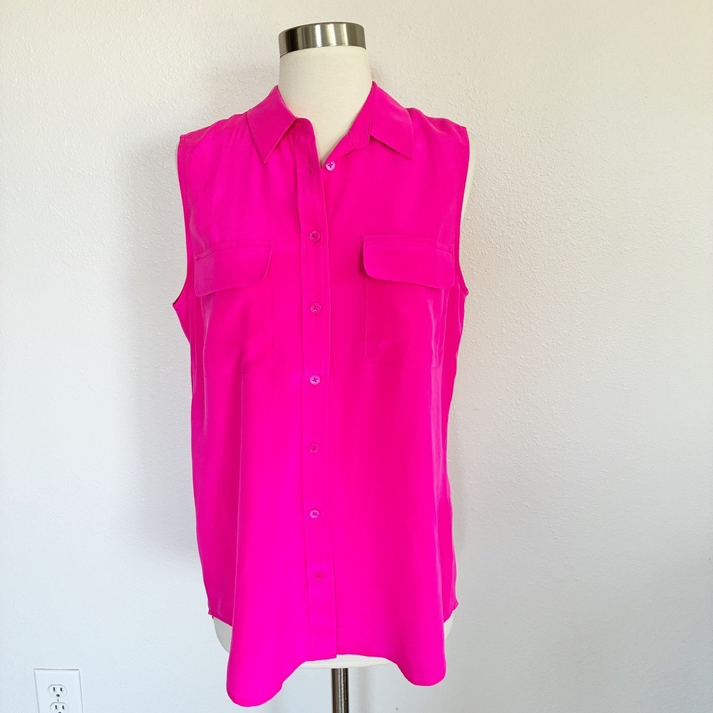 Equipment Femme Silk Sleeveless Blouse Womens M Hot Pink Button Up Tunic Top